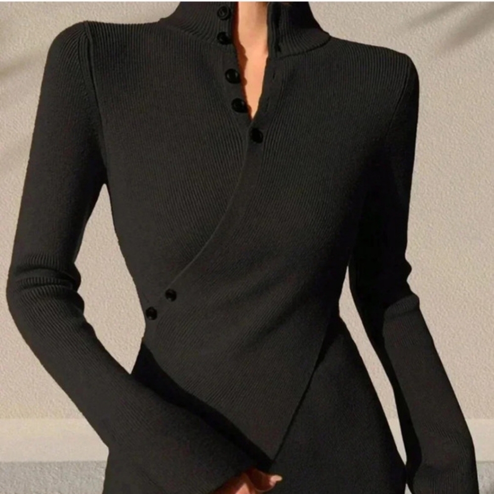 Black Casual Women's Button Cross Design Long Sleeve Sweater Asymmetric Pullover